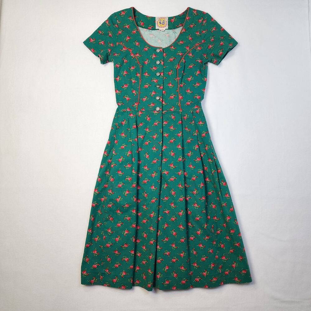 Vintage German Licht Trachtenhaus Dress Button Front Green Floral Size 8